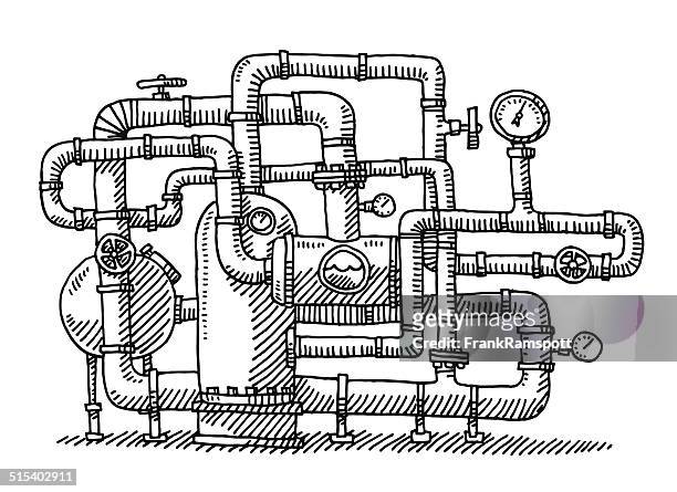 water pipe system industry drawing - water valve stock illustrations