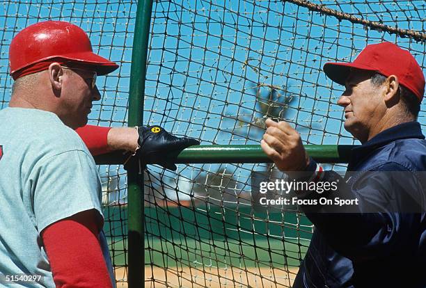Frank Howard and manager Ted Williams of the Washington Senators talk about batting during spring training during the early 1970s in Florida.