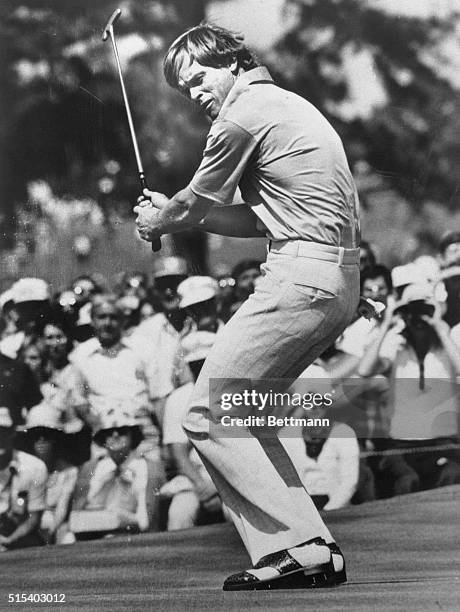 Augusta, Georgia: Johnny Miller watches his putt miss dropping for a birdie on the 6th green in the final round of the Masters April 13. Miller...