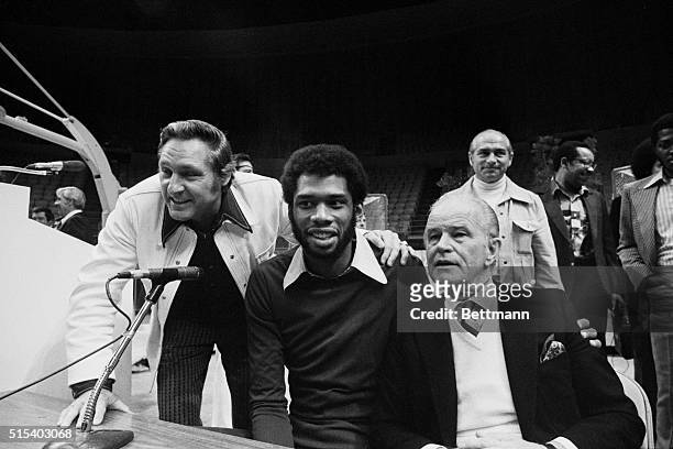 Its "all smiles" for coach Bill Sharman, Kareem Abdul-Jabbar and Owner Jack Kent Cooke following the 6/16 signing of the NBA superstar by the Los...