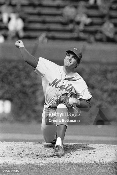 Tom Seaver, of the New York Mets, delivers a pitch during an early inning on his way to a no-hitter against the Chicago Cubs. His no-hitter was...