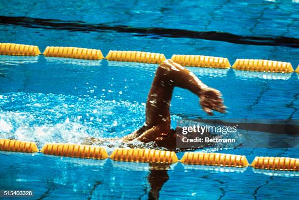 Swimmer Mark Spitz is shown in action during the 100-meter freestyle final in the 1972 Summer Olympics.