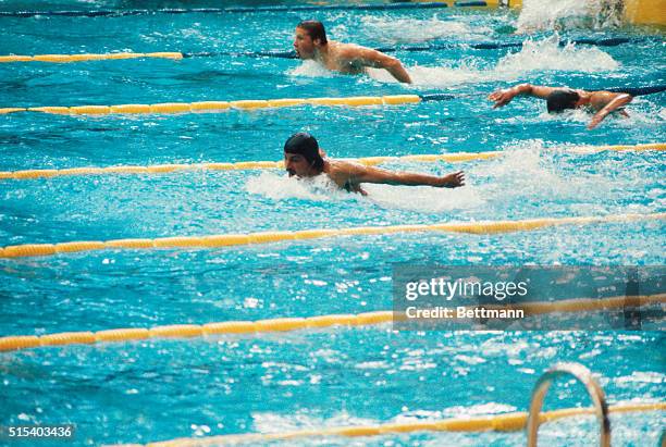 Swimmer Mark Spitz is shown in action during the butterfly stroke finals of the 1972 Summer Olympics.