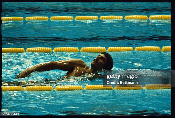 Mark Spitz, of the U.S.A., is shown in swimming action during the men's 4 X 200 meter freestyle relay.