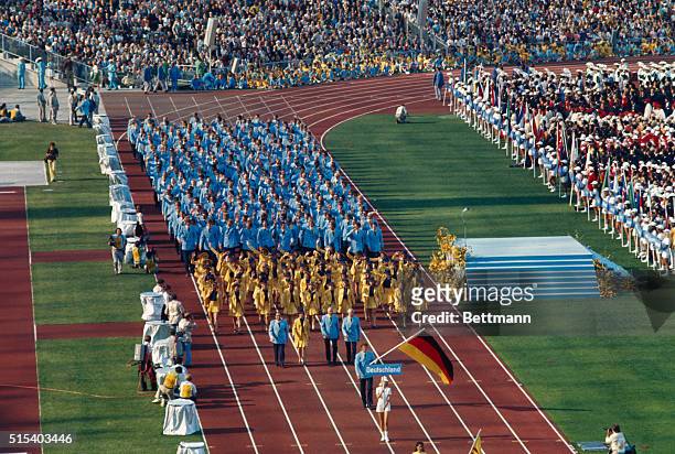 Munich, Germany. Parading into the Olympic Stadium is the West German Olympic team, the host team for the XXth Olympic Games.