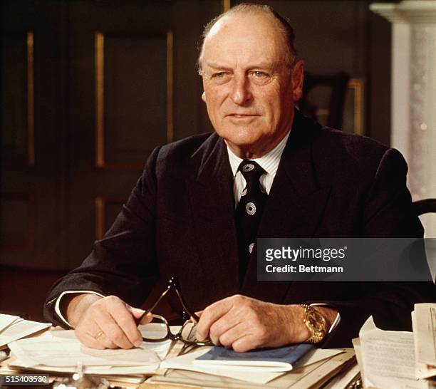 Oslo, Norway: Close up of King Olav V of Norway seated at a desk in the Royal Palace.