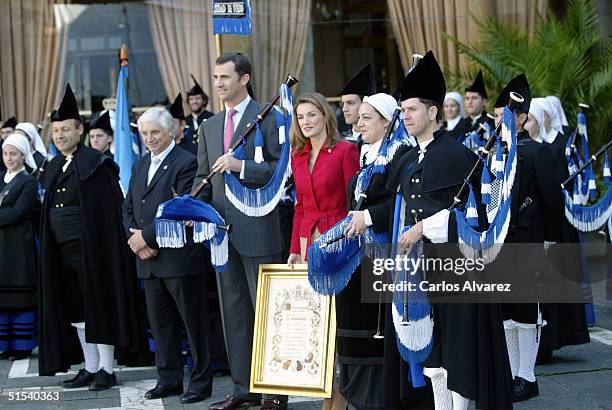 Crown Prince Felipe and Princess Letizia of Spain attend the ceremony of "Prince of Asturias Awards" at Hotel Reconquista on October 22, 2004 in...