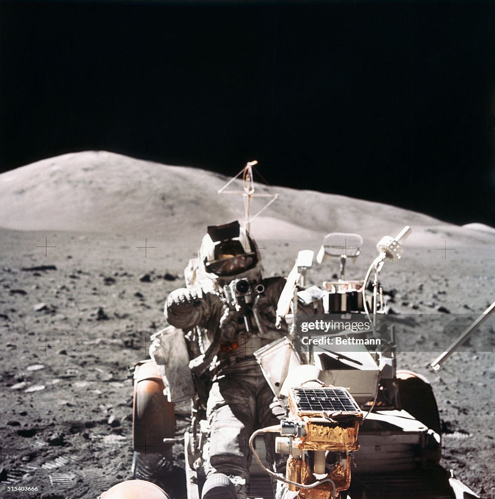 Astronaut Harrison H. Schmitt Driving Lunar Rover