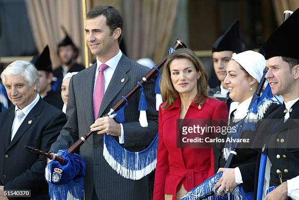 Crown Prince Felipe and Princess Letizia of Spain attend the ceremony of "Prince of Asturias Awards" at Hotel Reconquista on October 22, 2004 in...