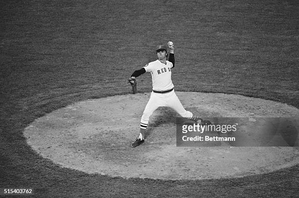 Boston: Bosox pitcher Bill Lee has look of determination while firing a two-hitter as the Red Sox blanked the Oakland Athletics, 7-0 at Fenway Park.
