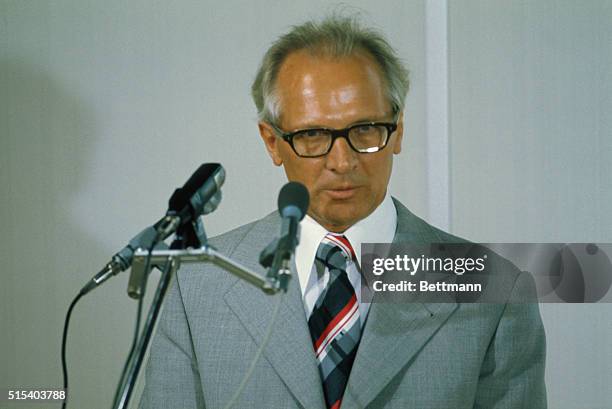 Erich Honecker, leader of East Germany, speaking upon his arrival for European Security Conference Summit.