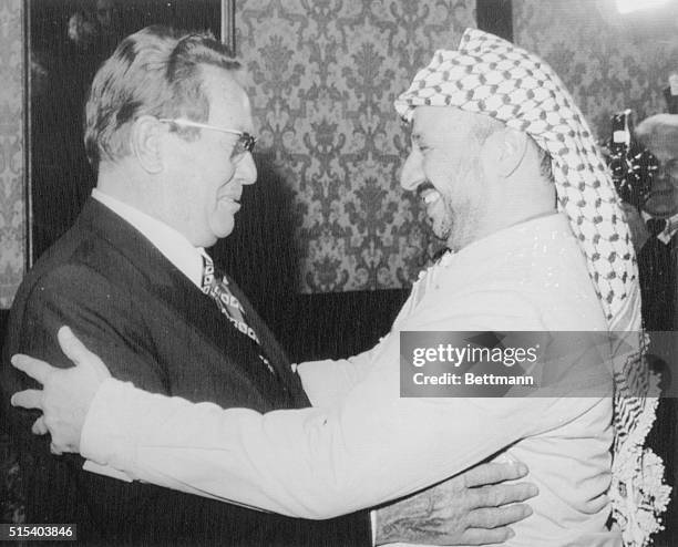 President Josip Broz Tito of Yugoslavia and Palestine Liberation Organization leader Yasser Arafat greet each other, Dec. 4th. Arafat arrived...