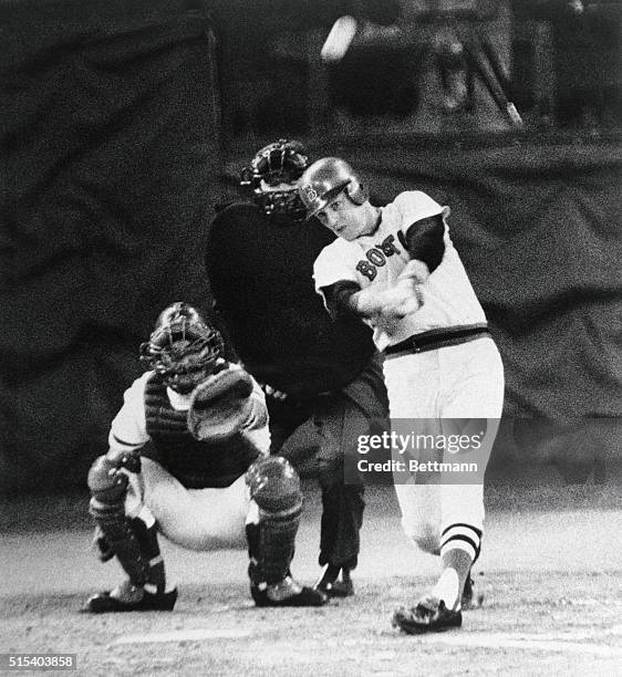 Cincinnati: Carlton Fisk of the Red Sox connects for a home run in the second inning against the Reds October 14 in game 3 of the World Series....