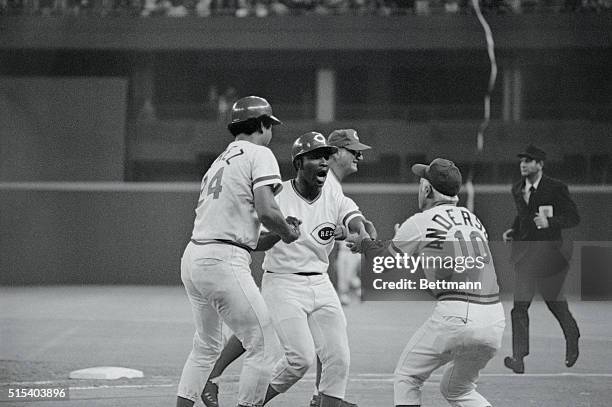 Cincinnati: Joe Morgan is congratulated by manager Sparky Anderson and Tony Perez on his game-winning hit in the 10th inning 10/14. The 6-5 win gave...