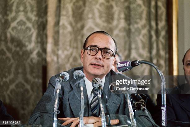 Jacques Chirac, former French Prime Minister is shown here in this closeup at a news conference.