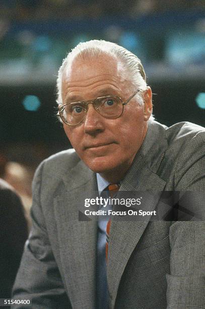 Baseball Commissioner Bowie Kuhn watches a game circa 1980's.
