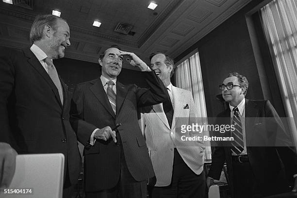 Washington, D.C.: Newly nominated Republican vice presidential candidate, Sen. Robert Dole of Kansas, left, jokes with CIA director George Bush as...