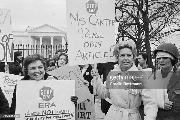 Phyllis Schlafly, of Alton, Illinois , National Chairwoman of STOP ERA, demonstrating in front of the White House 2/4, charged that President Carter...