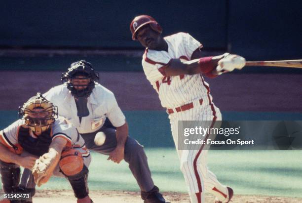 Gary Matthews of the Philadelphia Phillies bats against the Baltimore Orioles during the World Series at Veterans Stadium in Philadelphia,...