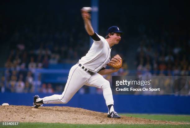 Jack Morris of the Detroit Tigers pitches against the San Diego Padres during the World Series at Tiger Stadum in Detroit, Michigan in October of...