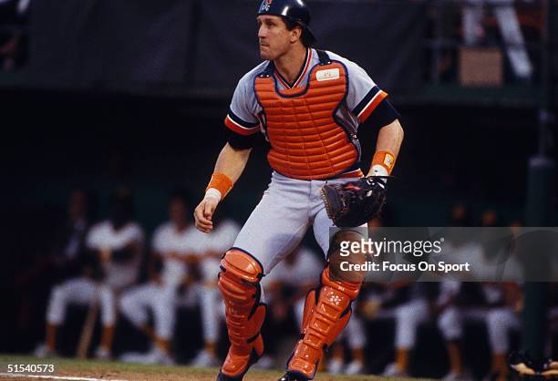 Catcher Lance Parrish of the Detroit Tigers makes a play during the World Series against the San Diego Padres at Jack Murphy Stadium on October 1984...