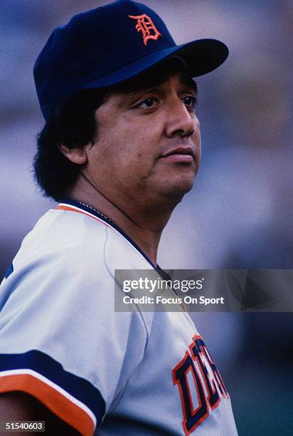 Pitcher Aurelio Lopez of the Detroit Tigers stands on the mound during the World Series against the San Diego Padres at Jack Murphy Stadium on...