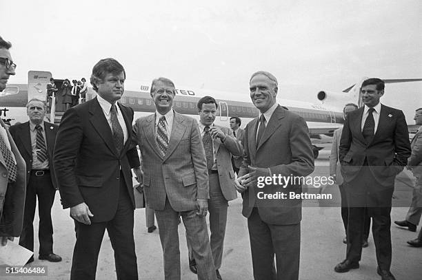 Boston: With their rift evidently healed, Democratic presidential nominee Jimmy Carter, , puts his arm around Senator Edward M. Kennedy, as he...