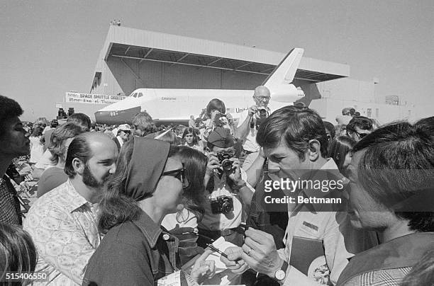 Actor Leonard Nimoy, Colonel Spock of the television series Star Trek attracts as much attention as the Space Shuttle Orbiter "Enterprise" as he...