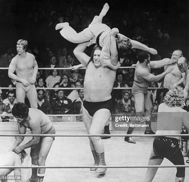 Andre the Giant has little trouble eliminating Mike Adams from competition in the World Battle Royal wrestling match. Moments after Adam was...