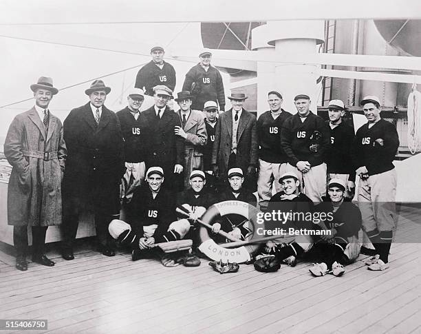 Left to right from the back row are Baseball Leaguers traveling from the Orient. They are George Moriaity, Herb Pennock, Riggs Stevenson, Fred...