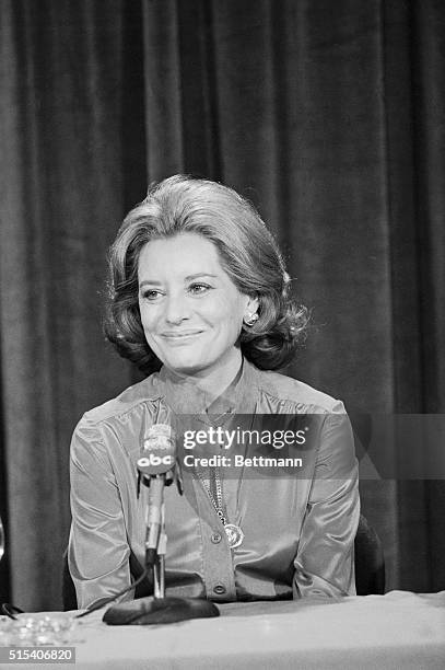 New York, New York: Newscaster Barbara Walters meets the press, September 30. Harry Reasoner, wilth whom she'll begin co-anchoring the ABC Evening...