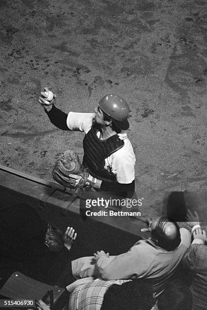 Boston: All in vain-Carlton Fisk of the Red Sox pulls foul ball out of stands in the 7th inning hit by Johnny Bench of the Cincinnati Reds with bases...