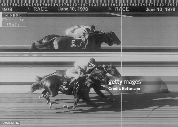 Affirmed nips Alydar by a nose to win the Belmont Stakes. James Precision Photo Finish shows just how close it was. Image at top is reversed in...