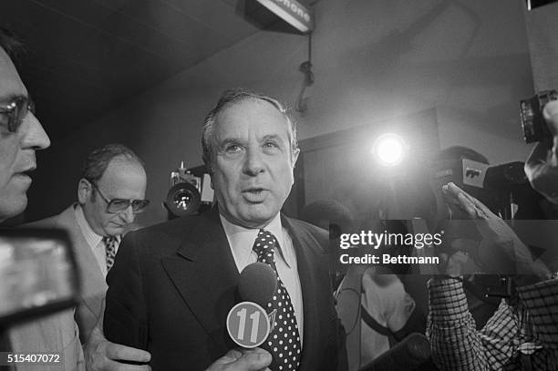 Burbank, Calif.: David Begelman, former President of Columbia Pictures, is surrounded by news media in the corridor of the courthouse after he...