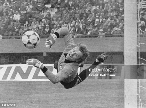 Buenos Aires, Argentina: Italy vs. Germany. German goalie Sepp Maier makes spectacular dive for ball during 1978 Football World Cup second final...