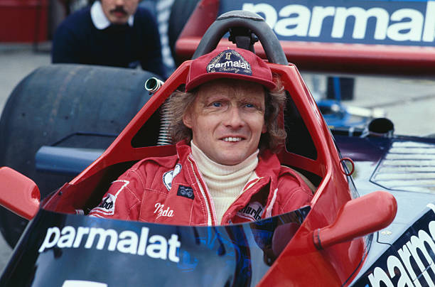 Racecar driver Niki Lauda shown here in pits.