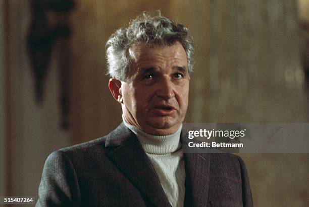 President of Romania Nicolai Ceausescu speaking during earthquake press conference.