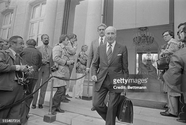 French budget minister Maurice Papon leaving Elysee Palace after 9/6 Cabinet meeting. The government approved a 1979 national budget that seeks to...