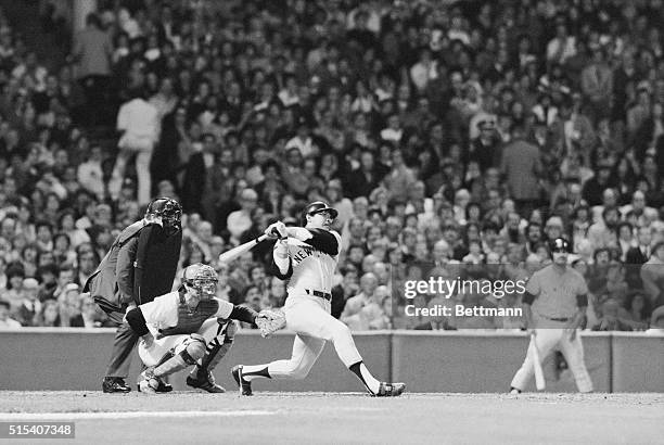 Boston: Yankees' Reggie Jackson connects for a 3-run homer into the right field stands, 2nd inning, night game, Fenway Park. He drove in Thurman...