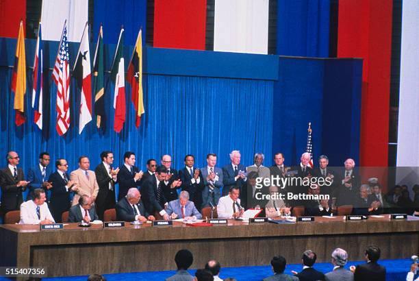 Left to right in front are: President Rodrigo Carazo of Costa Rica; President Alfonso Lopez Michelson of Columbia; President Demetrio Lakas of...