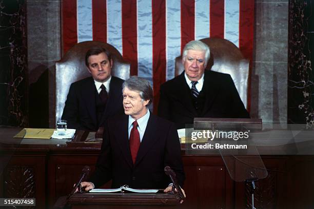 President Carter delivers his energy message to a Joint Session of Congress at the Capitol 4/20. In rear are Vice President Walter Mondale and...