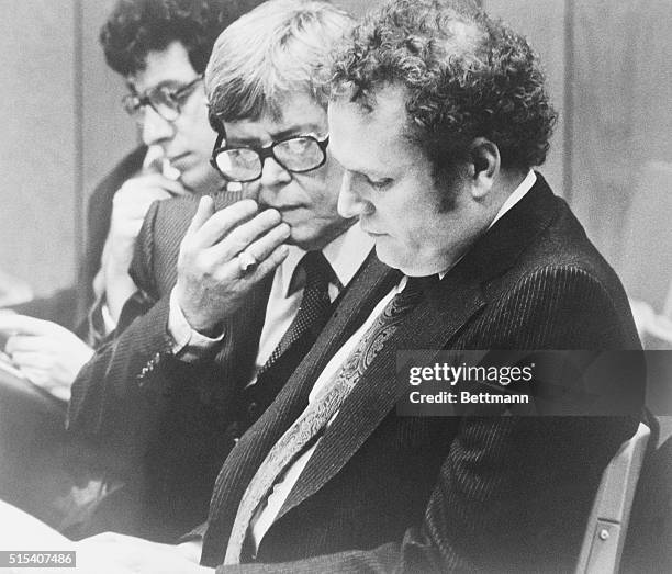 Attorney Gene Reeves confers with client Larry Flynt during court proceedings, March 6th, prior to the noon recess when Flynt and Reeves were shot by...