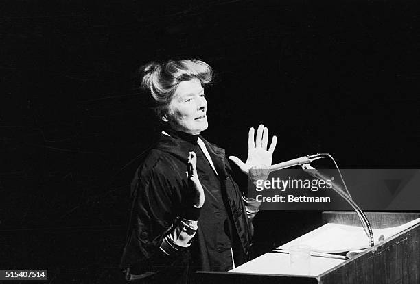 Katharine Hepburn talks to the audience gathered at Avery Fisher Hall here April 30 to honor 78-year-old movie director George Cukor. Miss Hepburn...