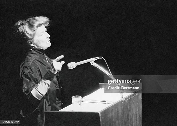 Katharine Hepburn talks to the audience gathered at Avery Fisher Hall here April 30 to honor 78-year-old movie director George Cukor. Miss Hepburn...