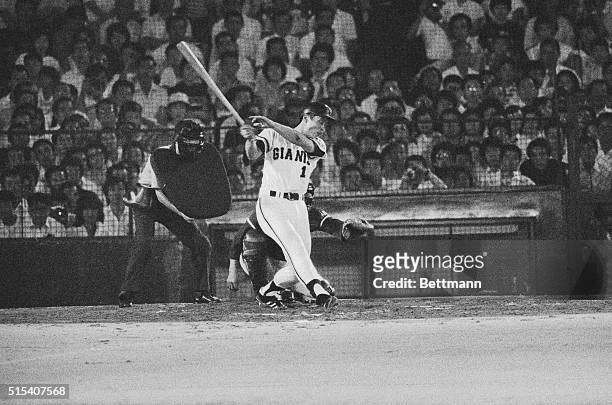 Tokyo: Japan's home run king Sadaharu Oh of the Yomiuri Giants belts his 800th career homer in the sixth inning of a game against Taiyo Whales at...