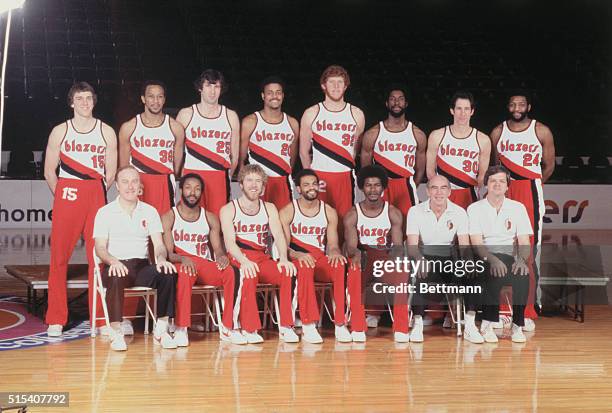 Seated LTR: Assistant coach Jack McKinney; Johnny Davis; Dave Twardzik; Lionel Hollins; T. R. Dunn; head coach Jack Ramsey, and trainer Ron Culp....