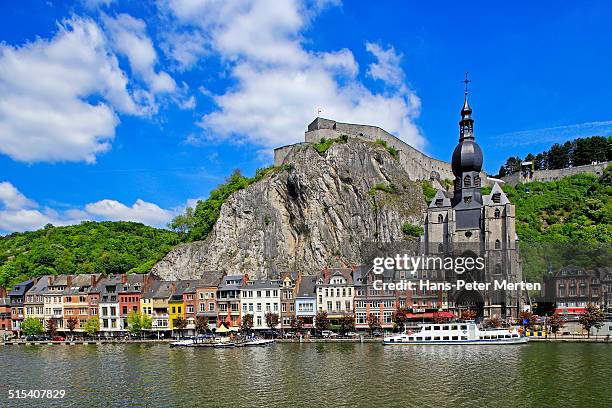 citadel, collegiate church, river meuse, dinant - dinant citadel stock pictures, royalty-free photos & images
