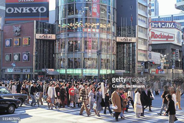 Japan: View of street in Ginza, Tokyo, with crowds.