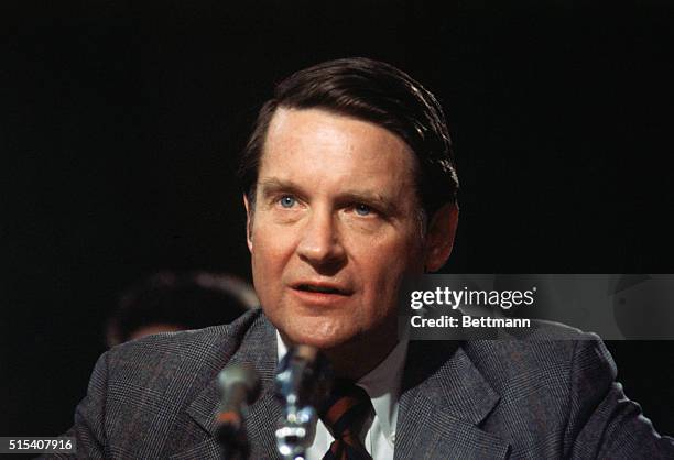 Washington, D. C.: Close up of Federal Judge William H. Webster as he appears before Senate Judiciary Committee on his nomination to be director of...