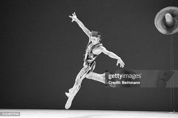 New York: Mikhail Baryshnikov soars in Eliot Feld's Santa Fe Saga during dress rehearsal here at Plymouth theater 4/14. The ballet will premiere at a...